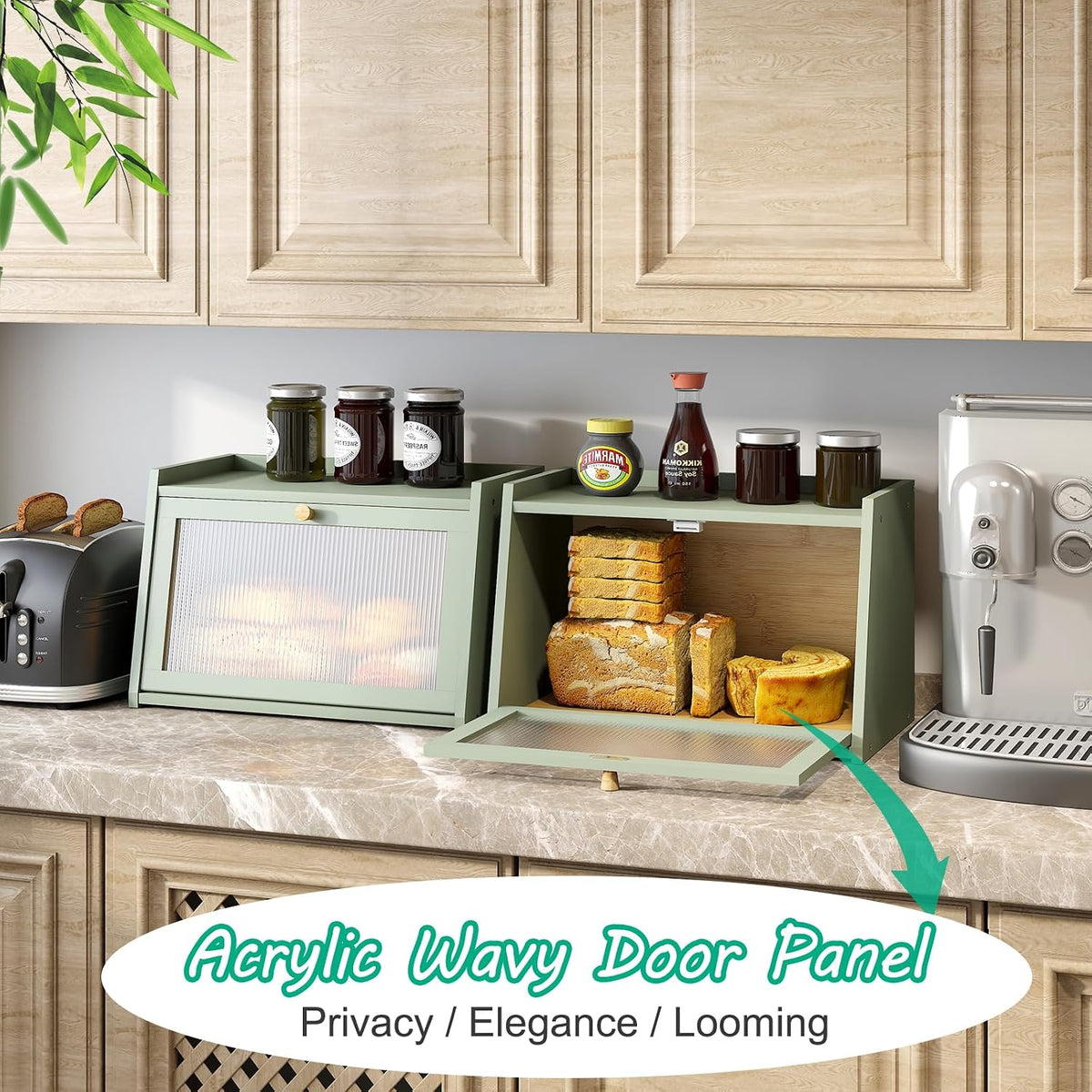kiplant Green Bread Box for Kitchen Counter, Large Bamboo Bread Storage Container with Wavy Arcylic Door, Bamboo Wooden