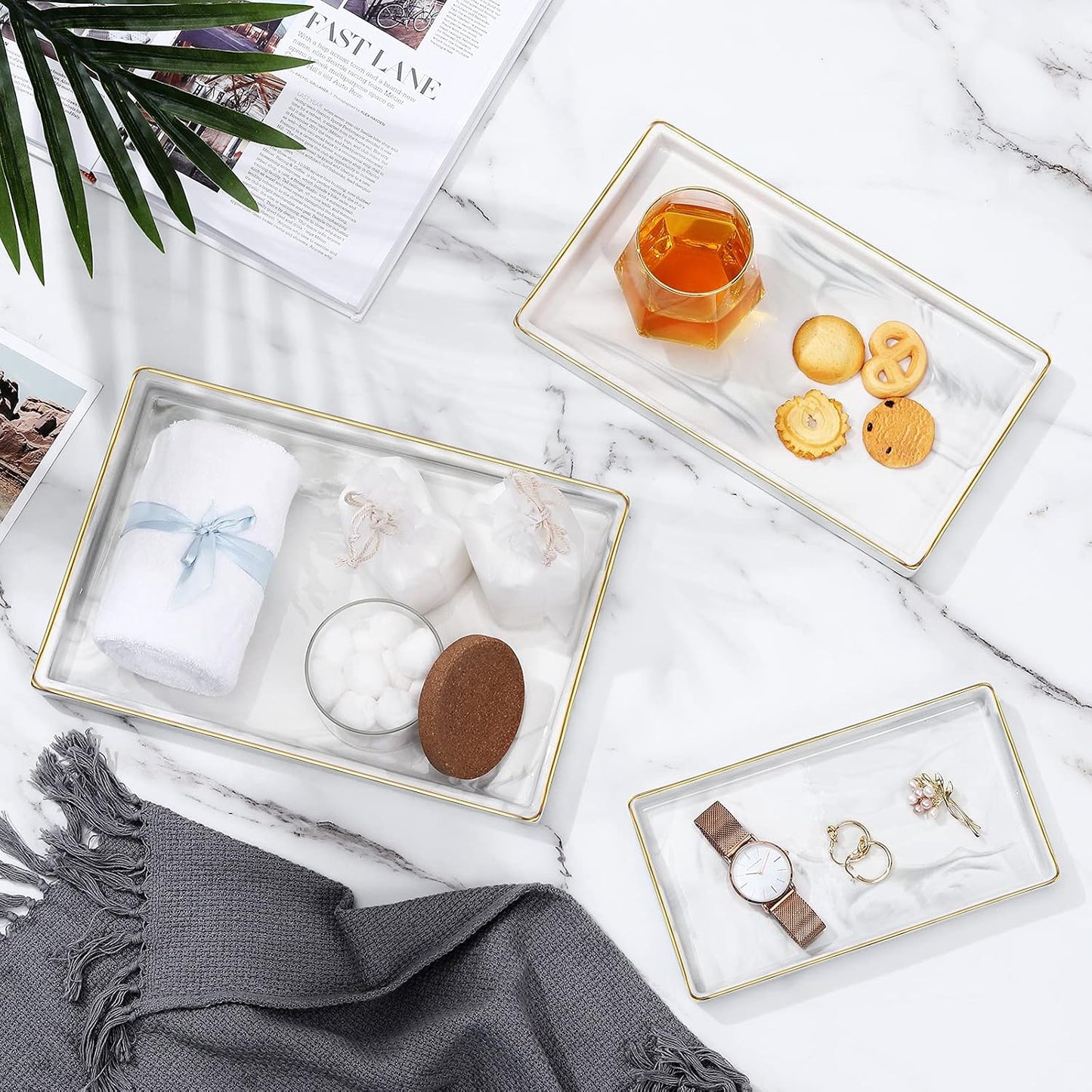 11" Marble Ceramic Bathroom Trays for Counter / Marble White + Gold / Medium