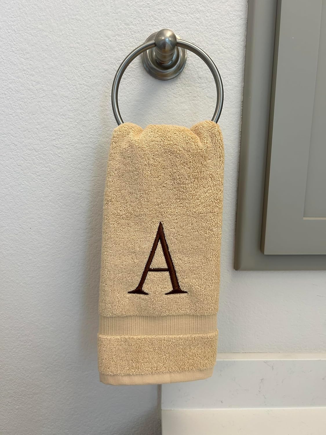 Beige with Brown Monogrammed Hand Towels for Bathroom - Set of 2 Letter K | Luxury Hotel Quality Initial Towels For