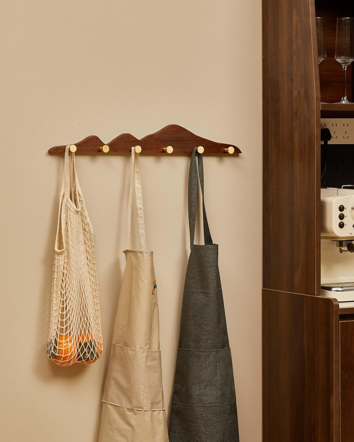 Wood Coat Hooks Wall Mount - Wooden Coat Rack with 6 Gold Brass Hooks for Entryway Bathroom Bedroom, Modern Decorative