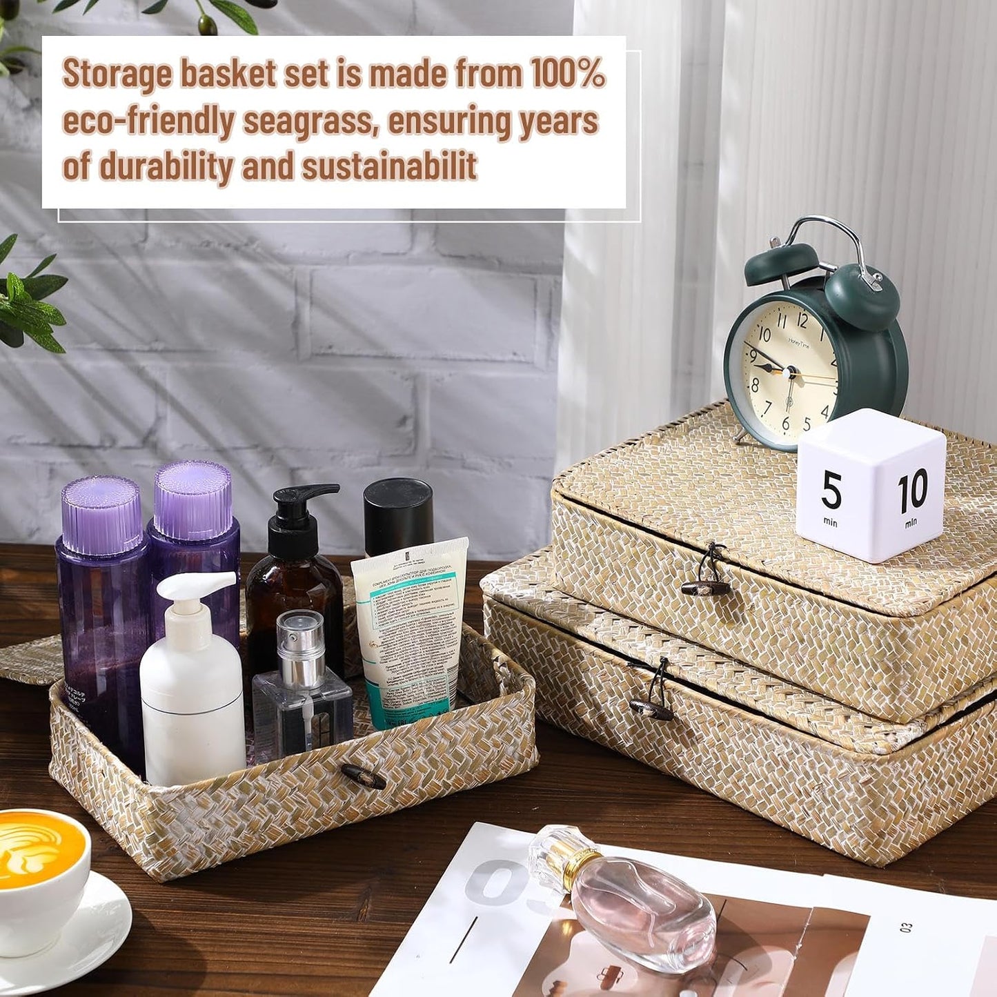 Seagrass Basket / Lid Wicker Storage Basket Decorative Storage Boxes / White / Set of 4