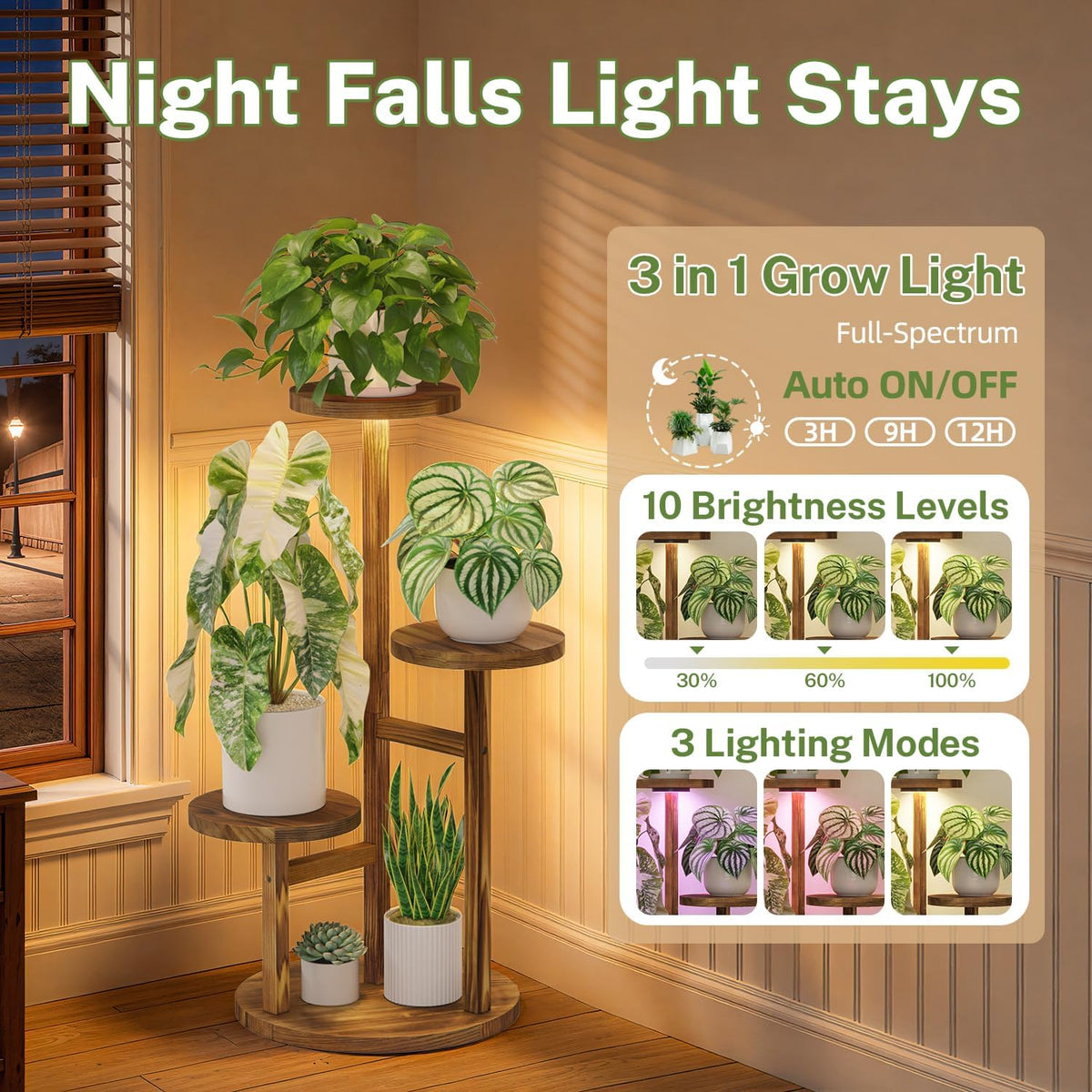 iDavosic.ly 3 Tier Wood Plant Stand Indoor Corner with Grow Light, Brown | Sturdy Tiered Orchid Display Rack, Multiple