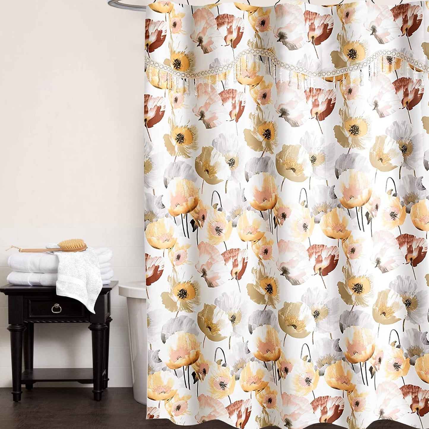 Zahari Home 13pc Poppy Fields Bathroom Shower Curtain Set Yellow Shower Curtain & 12 Shower Curtain Hooks Luxury