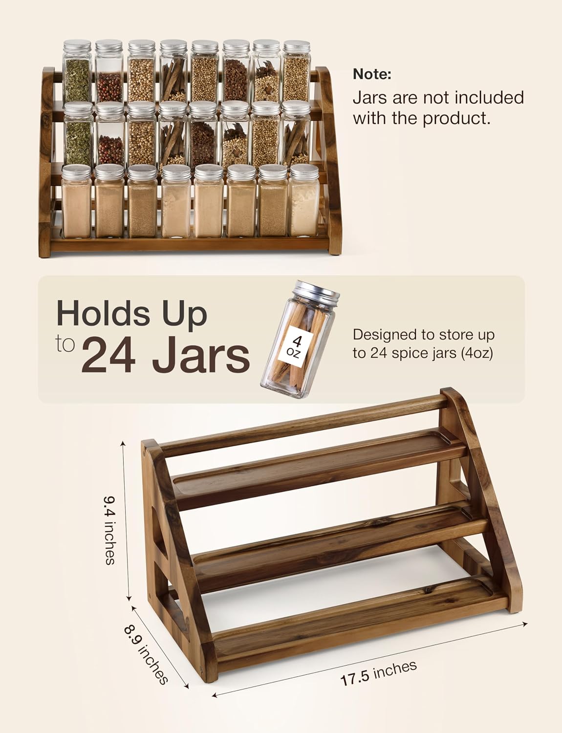 Tinamo Acacia Wood Spice Rack, 3-Tier Spice Rack Organizer for Countertop | Solid Acacia Wood, 3-tier Spacious Design