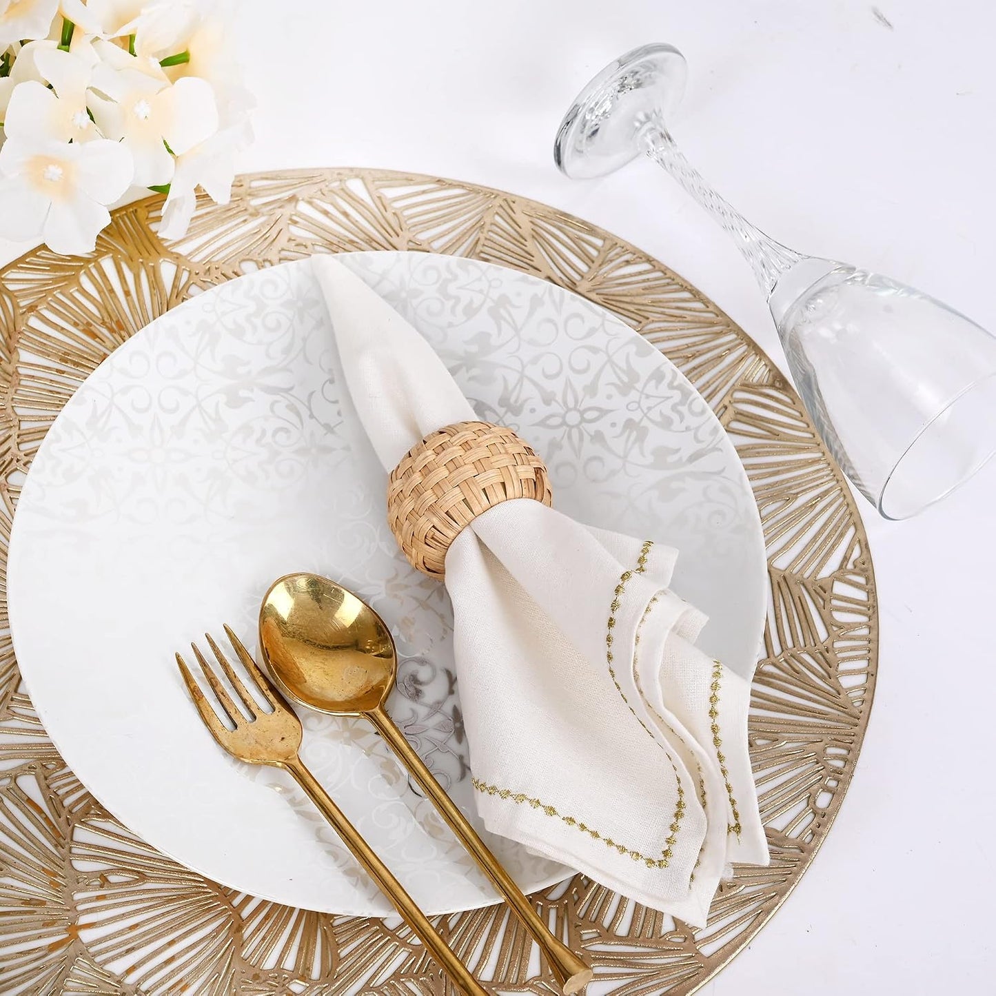 Alpha Living Home Cane Jute Napkin Rings, Natural, Set of 12 | Natural cane & plastic, 1.75x1.75 in, boho farmhouse