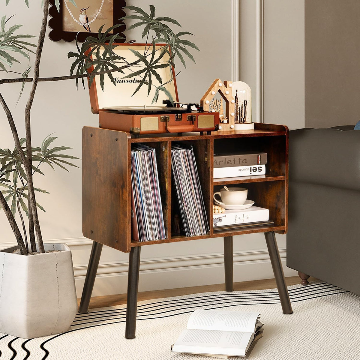 Record Player Table, Mid-Century Record Player Stand Hold Up to 150+ Albums | with Vinyl Storage Vinyl Record Cabinet