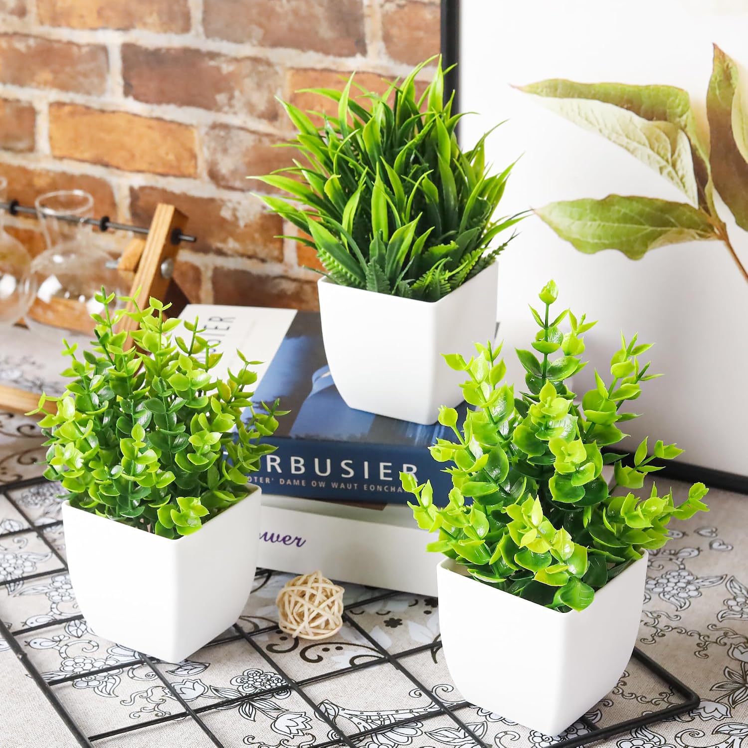 Fake Plants Small Artificial Mini Faux Plants Indoor / White / Set of 4