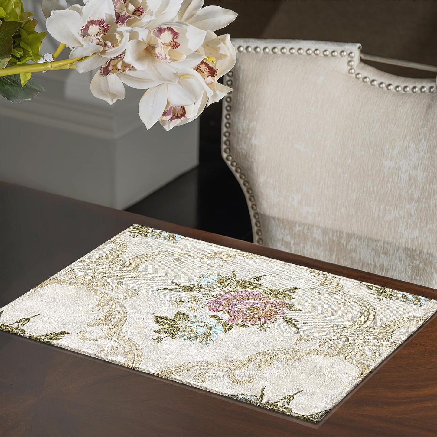 Loom and Mill Jacquard Floral Placemats Set of 4, Pearly Beige, 12x18in | Luxury Elegant Non-Slip Table Place Mats for