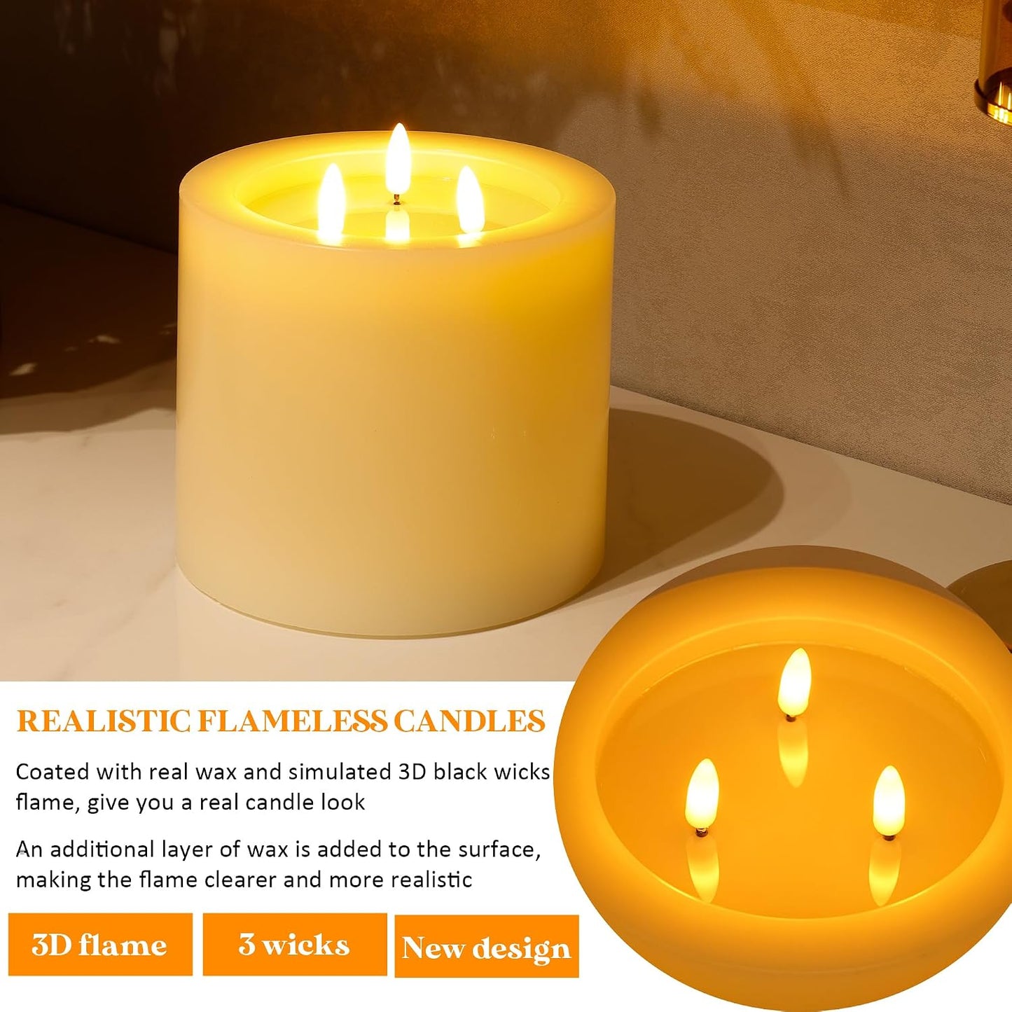 Extra Large Flameless Candles with 3 Wicks, 6"x6" Real Wax Battery Operated Candles with Remote and Timer, Flickering