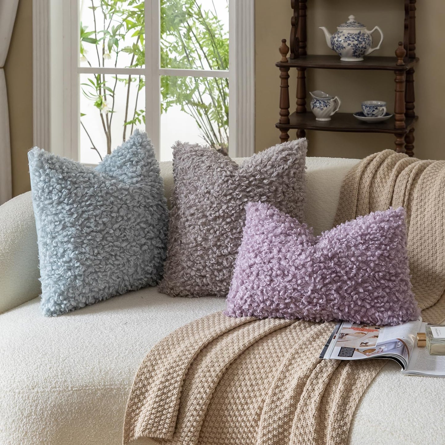 Faux Fur Throw Pillow Covers Boucle Decorative Sherpa Pillow / Light Purple / 18 x 18 / Set of 2