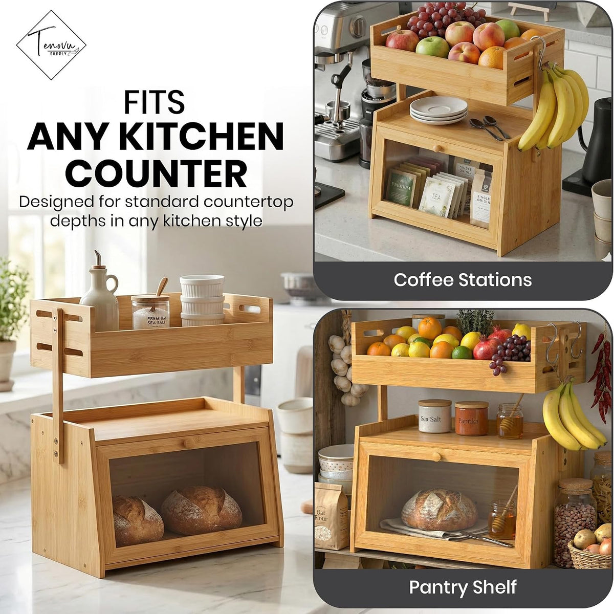 Bamboo Bread Box with Fruit Basket, 2-in-1 Kitchen Countertop Organizer | Vertical storage with acrylic window door, 8