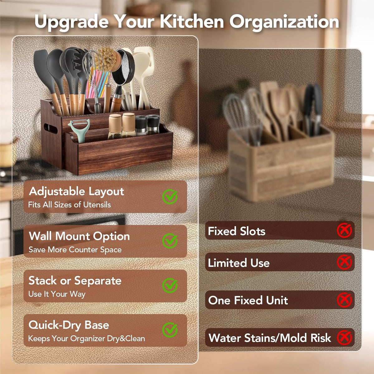 Kitchen Utensil Holder for Countertop, Large Wooden Utensil Organizer | 6 Compartments for Storage Cooking Utensils &