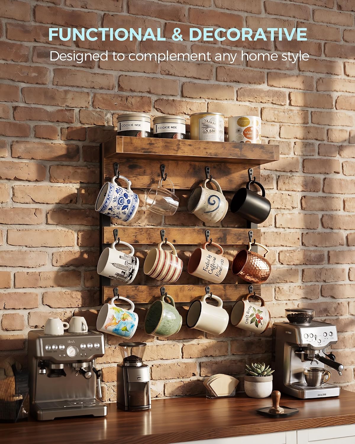 OROPY Coffee Mug Rack Wall Mounted, Rustic Wood Cups Rack, 12 Hooks & Shelf | Coffee Mug Holder for Home Kitchen