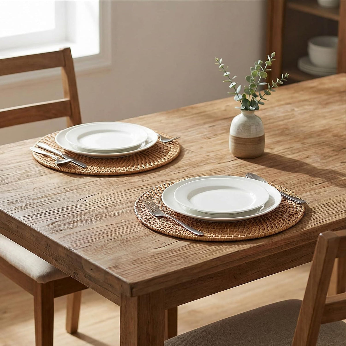 Encasa XO Rattan Placemats, Woven Wicker Table Mats 12" Natural | Handcrafted Natural Cane | Boho Farmhouse Plate