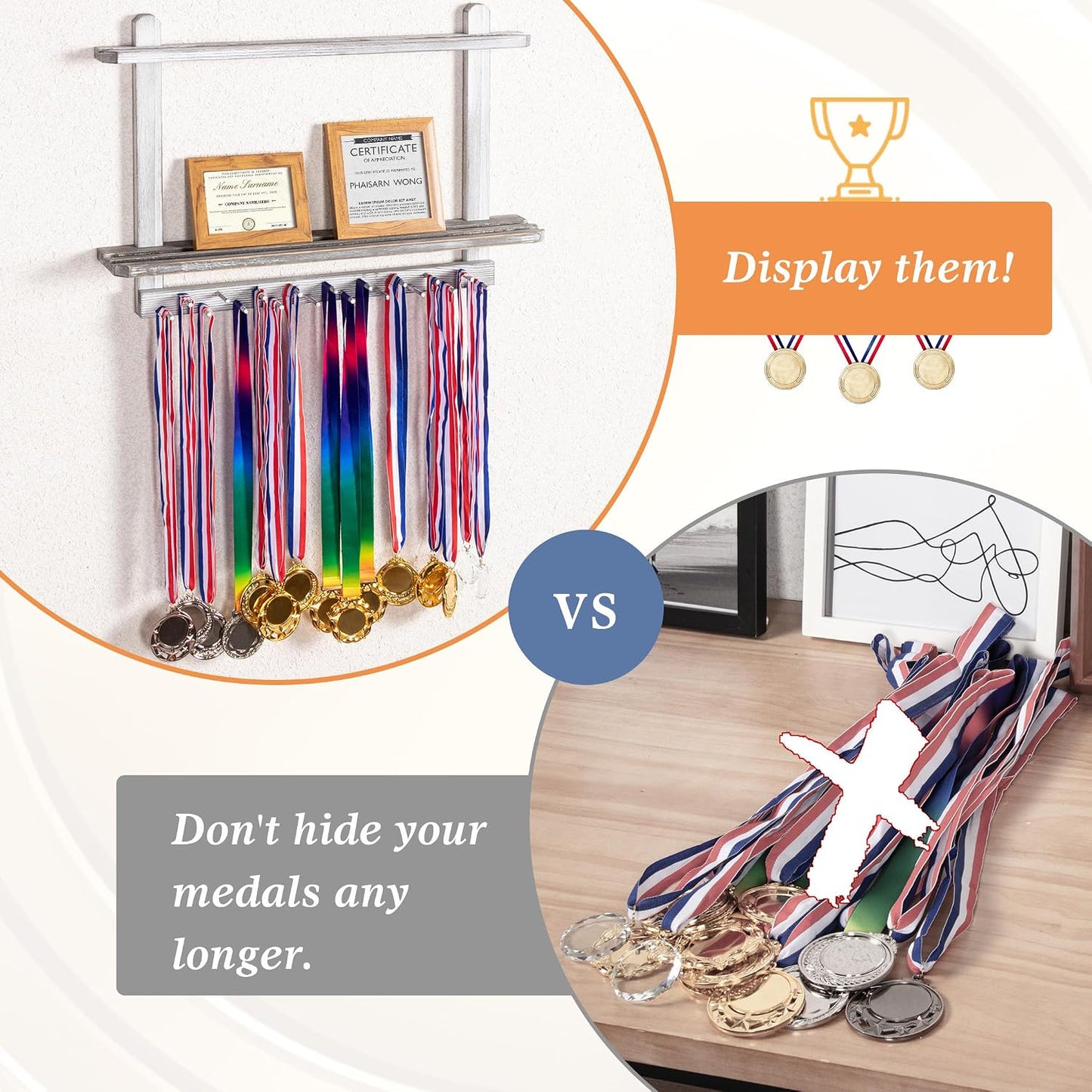 LAVIEVERT Wooden Medal Hanger & Trophy Shelf, Wall-Mounted Race Display with 2 Tier Storage Shelf and 19 Hanging Bars