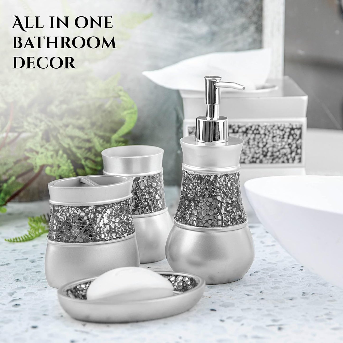 Creative Scents Crackled Glass 6 Pc. Silver Resin Bathroom Accessories Set | Includes Trash can, Tissue Box Cover, Soap