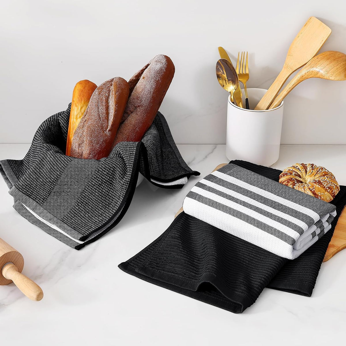Homaxy Cotton 380 GSM Premium Kitchen Towels, 18"x 28", 12 Pack, Black | Soft and Absorbent Terry Dish Towels