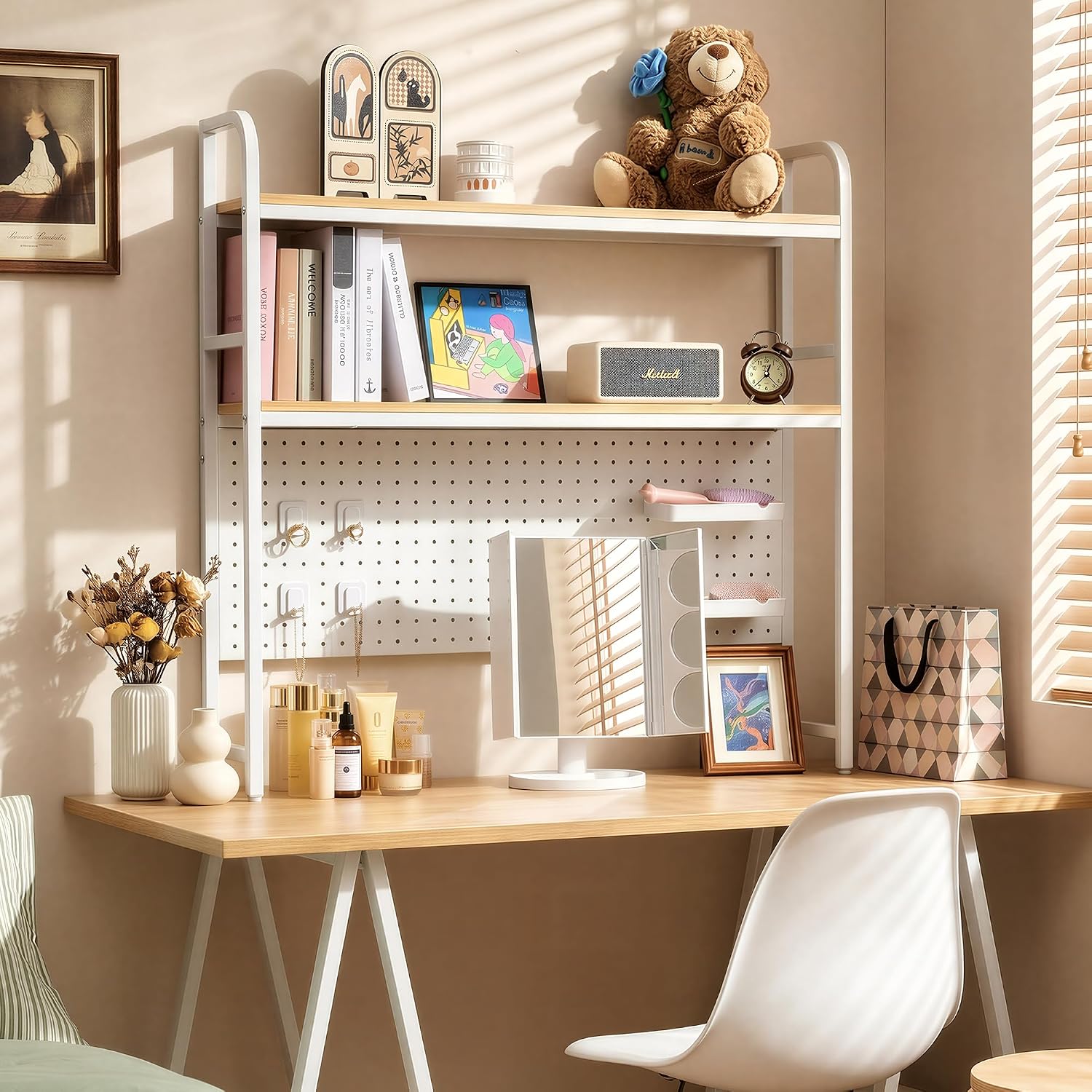 deli Desktop Shelf, Desk Hutch with Metal Pegboard, White | 2-Tier Desktop Display Rack With 4 Accessories