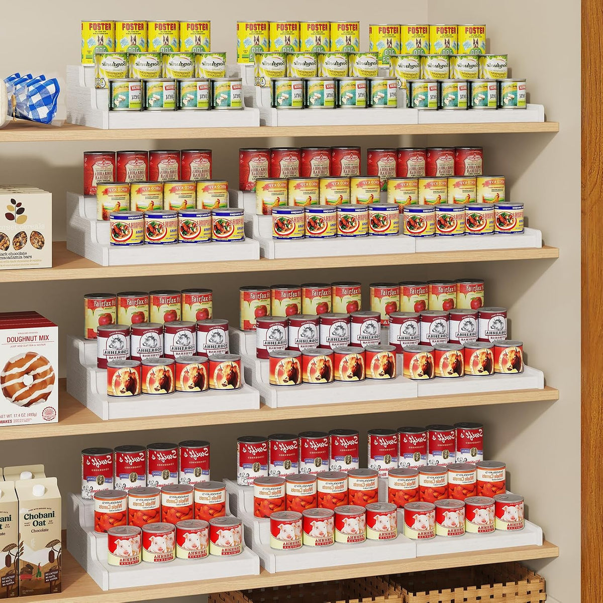 3-Tier Expandable Bamboo Can Organizer for Pantry, Holds 24 Cans, White | Adjustable Can Storage Rack for Kitchen