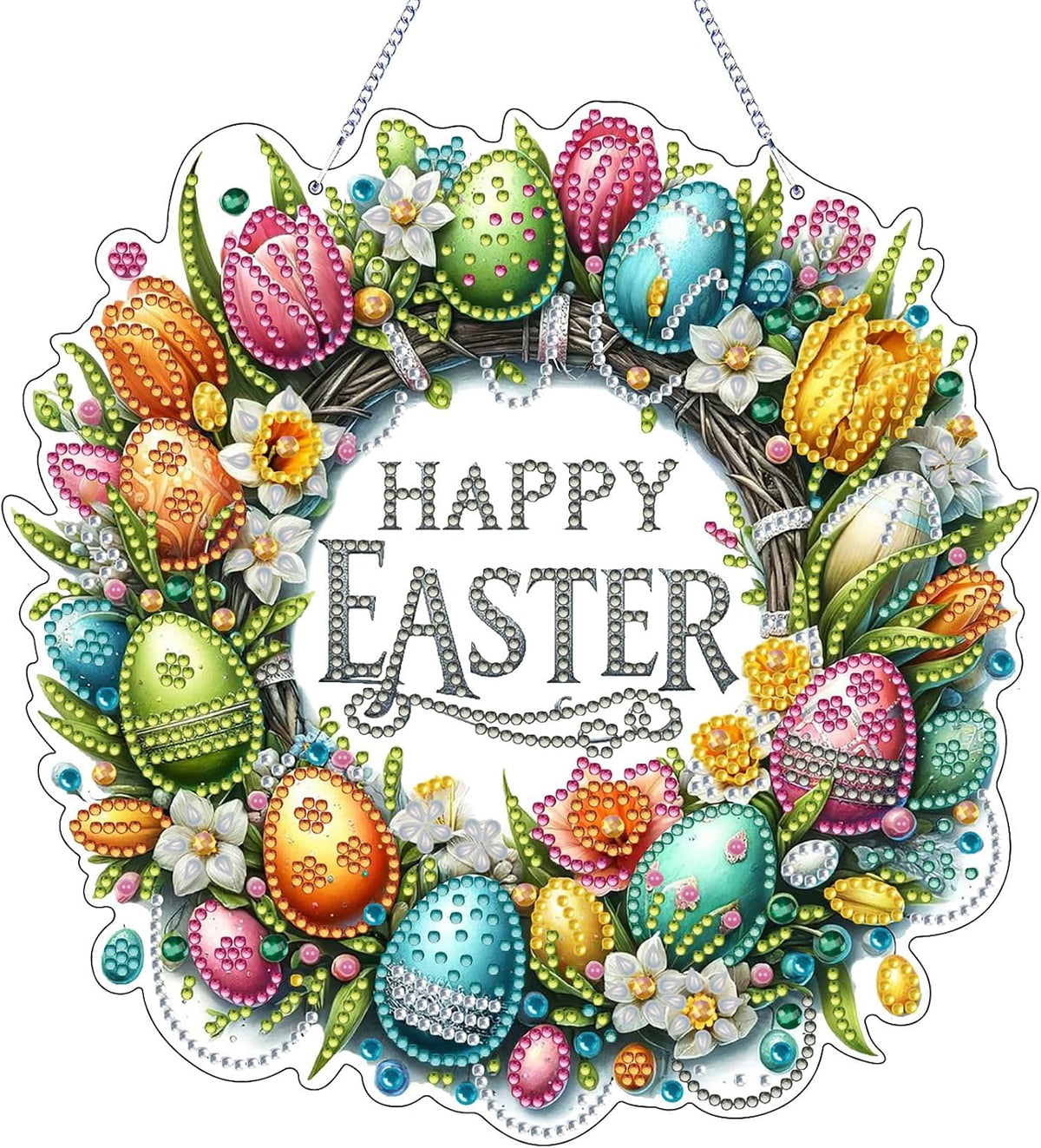 VODAPYC Easter Wreath Diamond Art Hanging Kits for Adults, DIY Double Sided Partial Special Shaped Diamond Art Window Pendant Ornament(Happy Easter Wreath)
