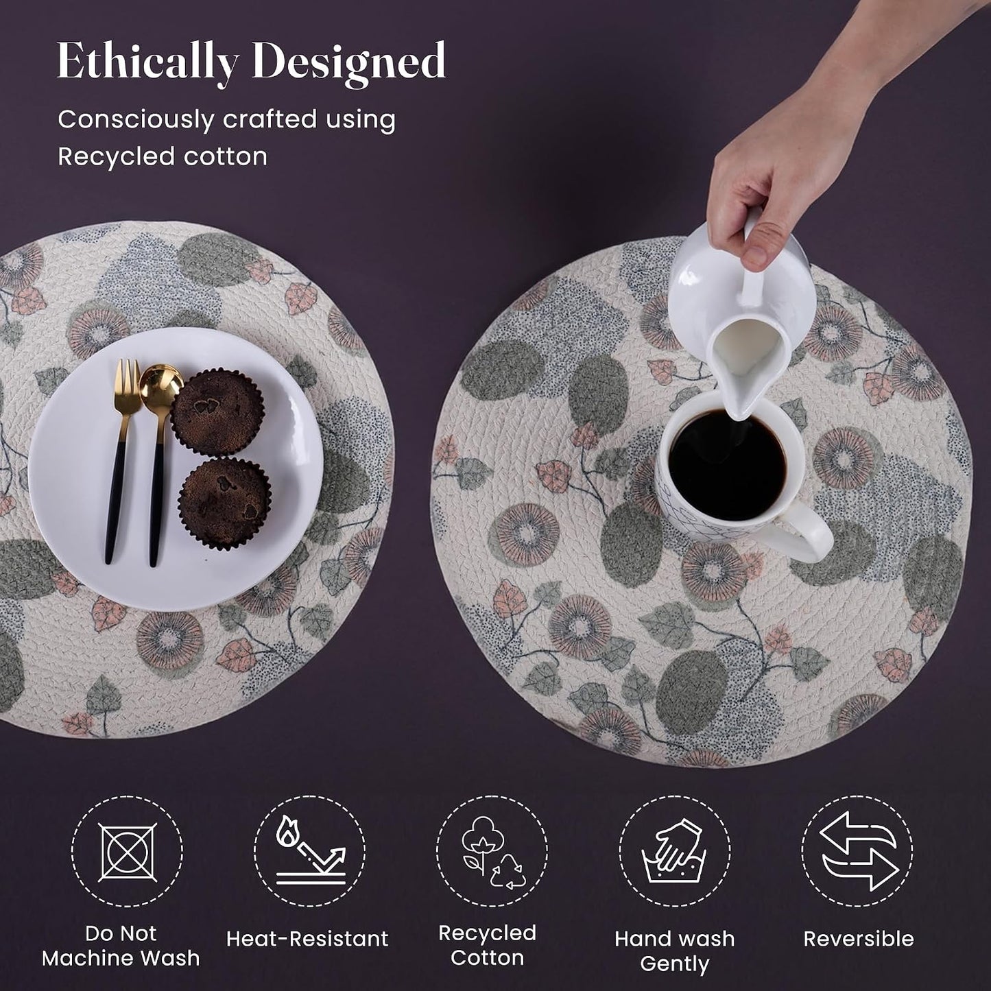The Fine Living Braided Cotton Placemats, Round Table Mats, Set of 6,13.5" | Washable Anti-Slip Heat Resistant Braided