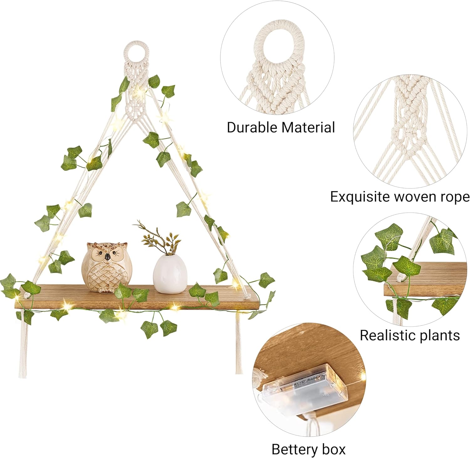 Artificial Ivy Macrame Hanging Shelves / Ivory / Set of 2