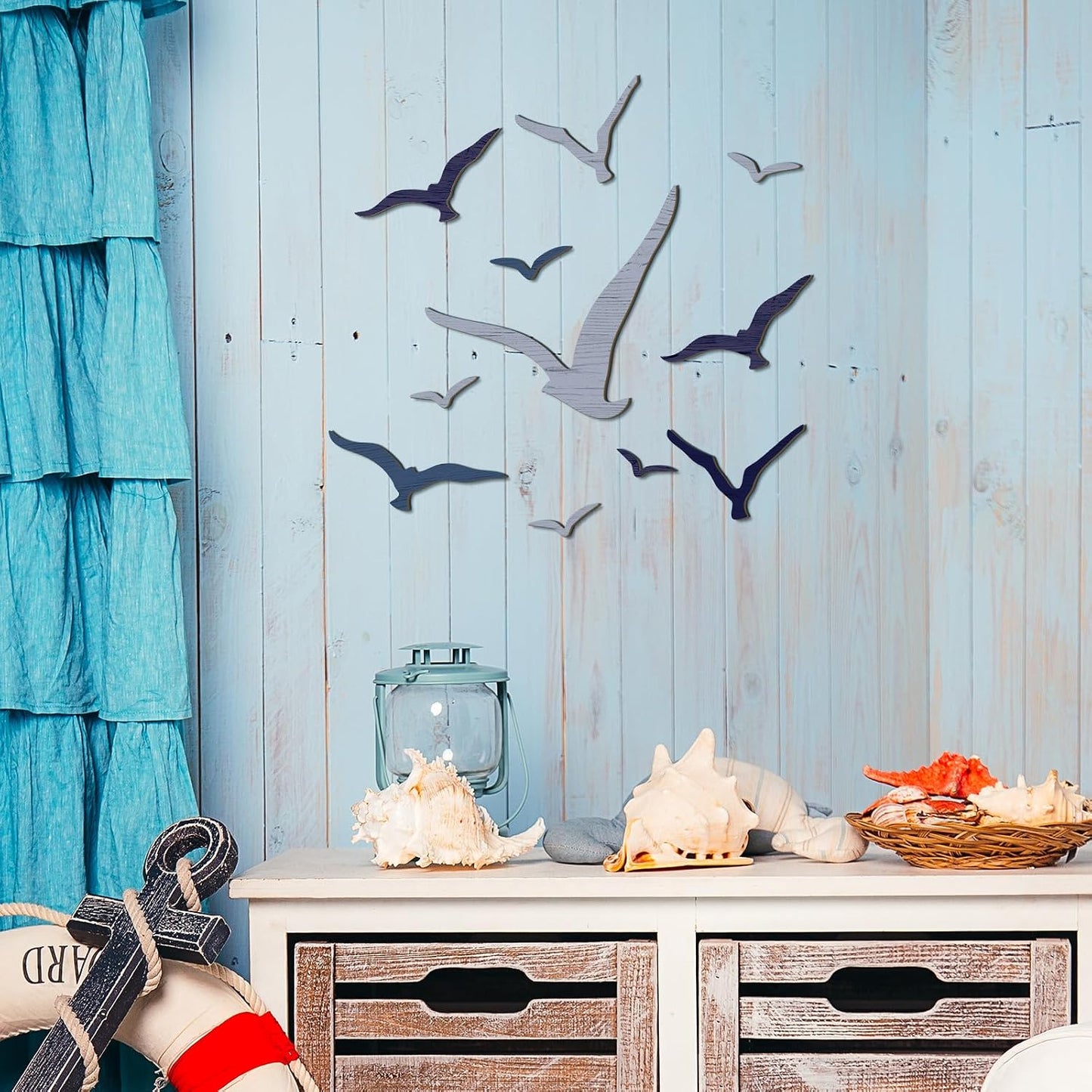 Wooden Seagull Wall Decor Nautical Theme Beach Coastal Art Small Seagull Sea / Blue / Set of 11