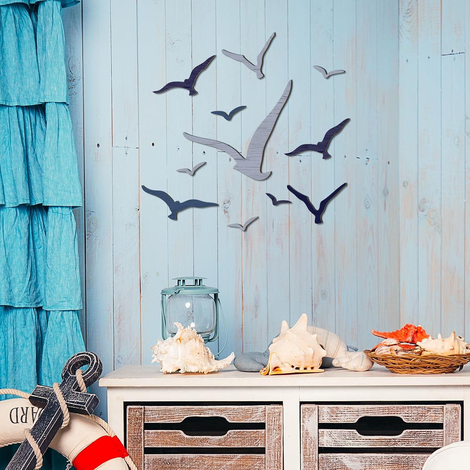 Wooden Seagull Wall Decor Nautical Theme Beach Coastal Art Small Seagull Sea / Blue / Set of 11