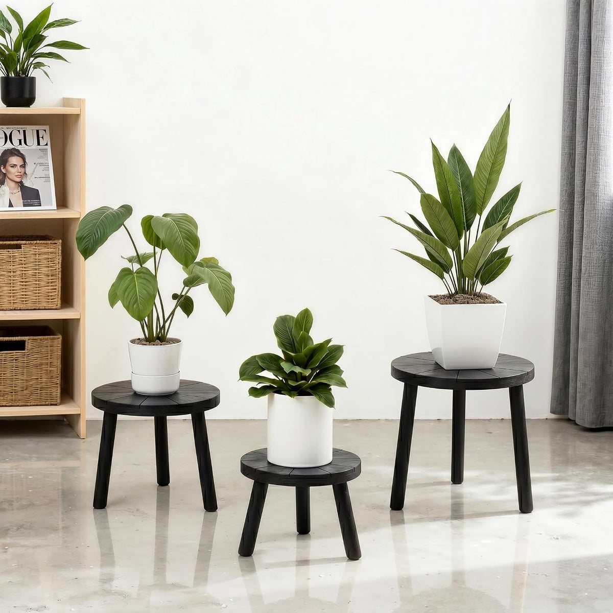 Wood Plant Stands 3-Pack Indoor, Plant Stool, Black | Premium carbonized pine with moisture-resistant, burr-free
