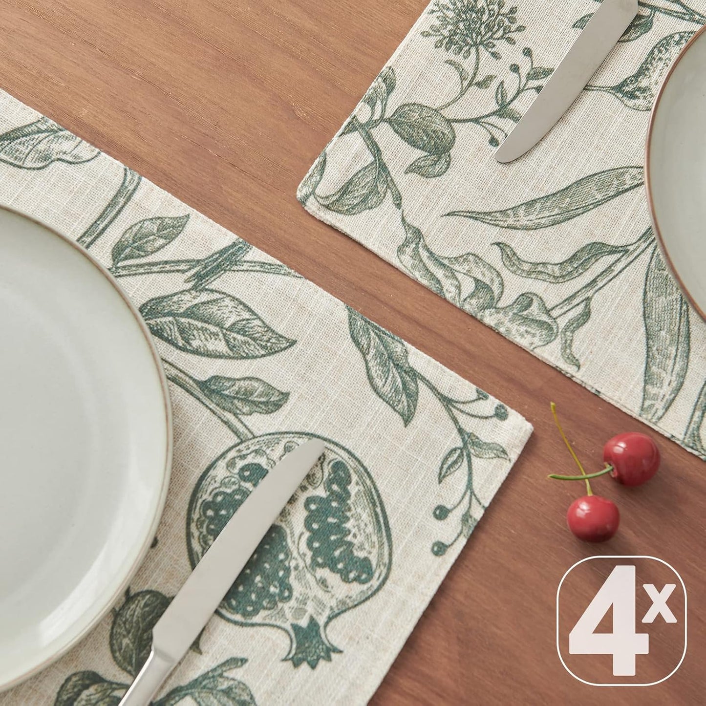 JINCHAN Linen Placemats Set of 4 Farmhouse Botanical Print 13x19 Dark Green | Fabric Placemats, Cottage Style