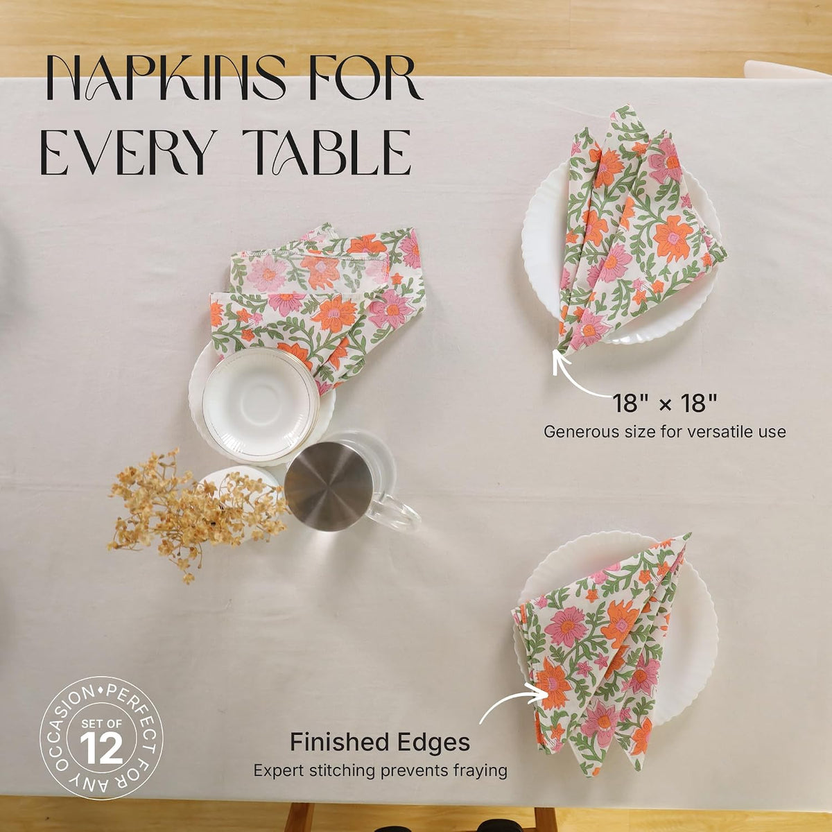 Floral Cloth Napkins Set of 12, 100% Cotton Reusable Dinner Napkins, Block Print Inspired, 18 x 18 Inch Table & Kitchen