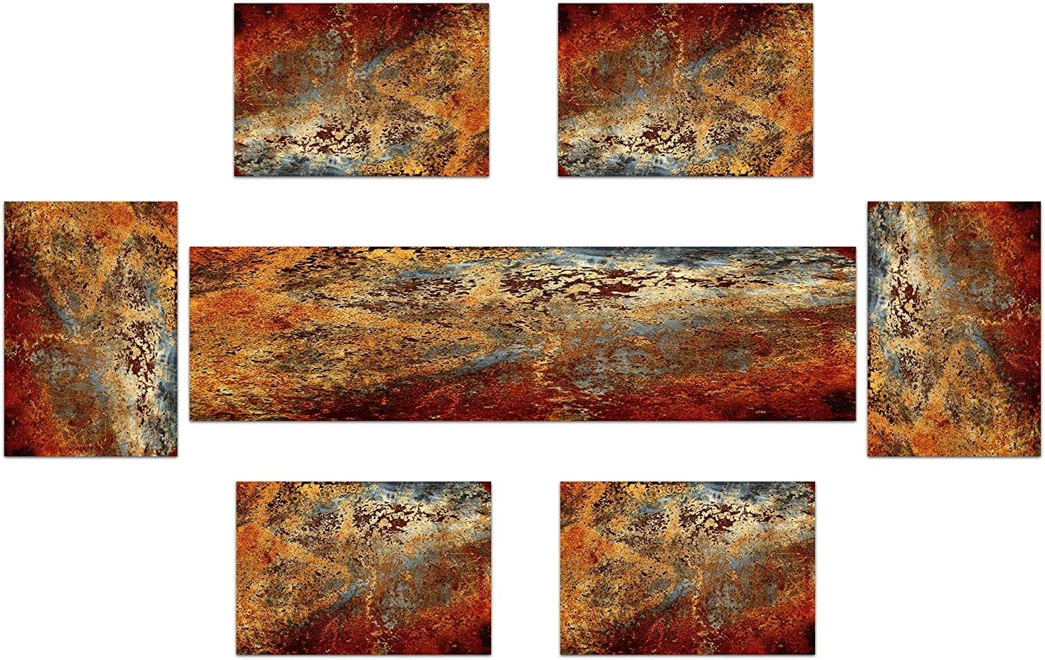 Brown Rust Table Runner and Placemats Set of 6, Linen 90" Long | Abstract colorful rusty metal style. Washable linen