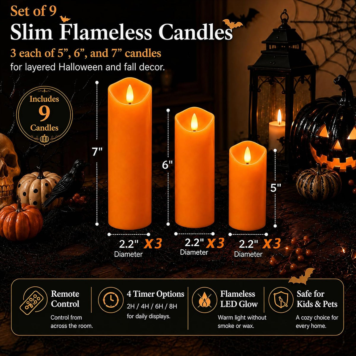 Homemory Orange Halloween Flameless Candles, Remote Timer, 9 Pack | Battery operated LED pillar candles, remote timer