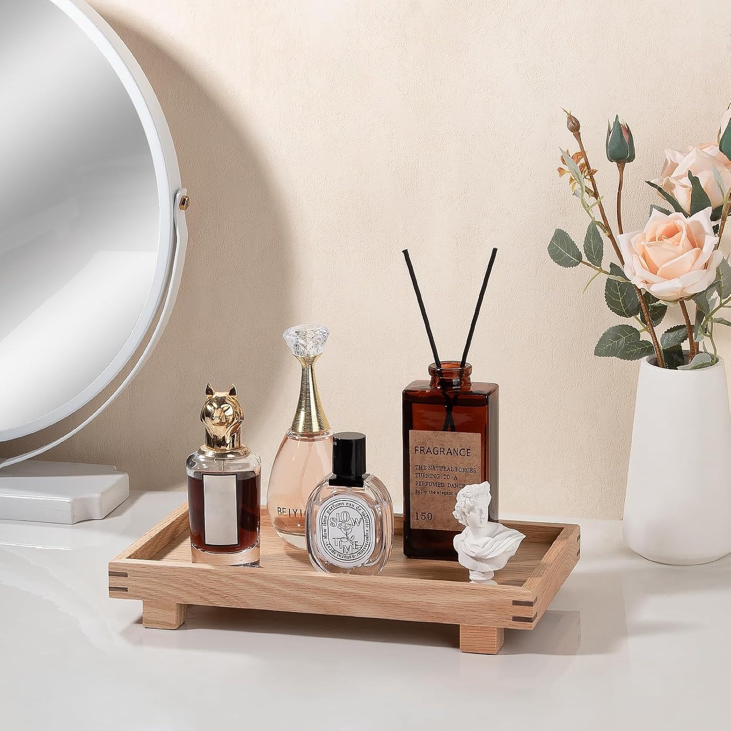 Decorative Tray Small Pedestal Stand Farmhouse Bathroom Decor Wooden / Brown / 11.4 x 6.7 x 1.7
