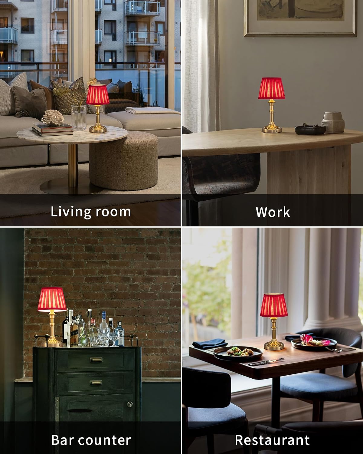 KDG Gold Cordless Table Lamps Set of 2, Red Fabric Shade Small Desk Lamp | Portables 4000mAh Battery Powered, LED