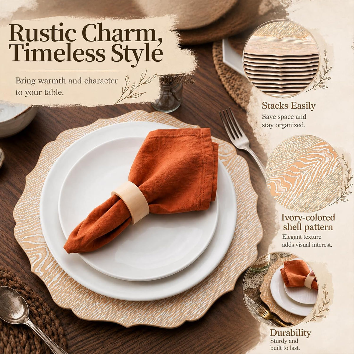 Havawish 12 Set 13" Rustic Wooden Textured Acrylic Charger Plates with Handmade Acacia Wood Napkin Ring, Farmhouse