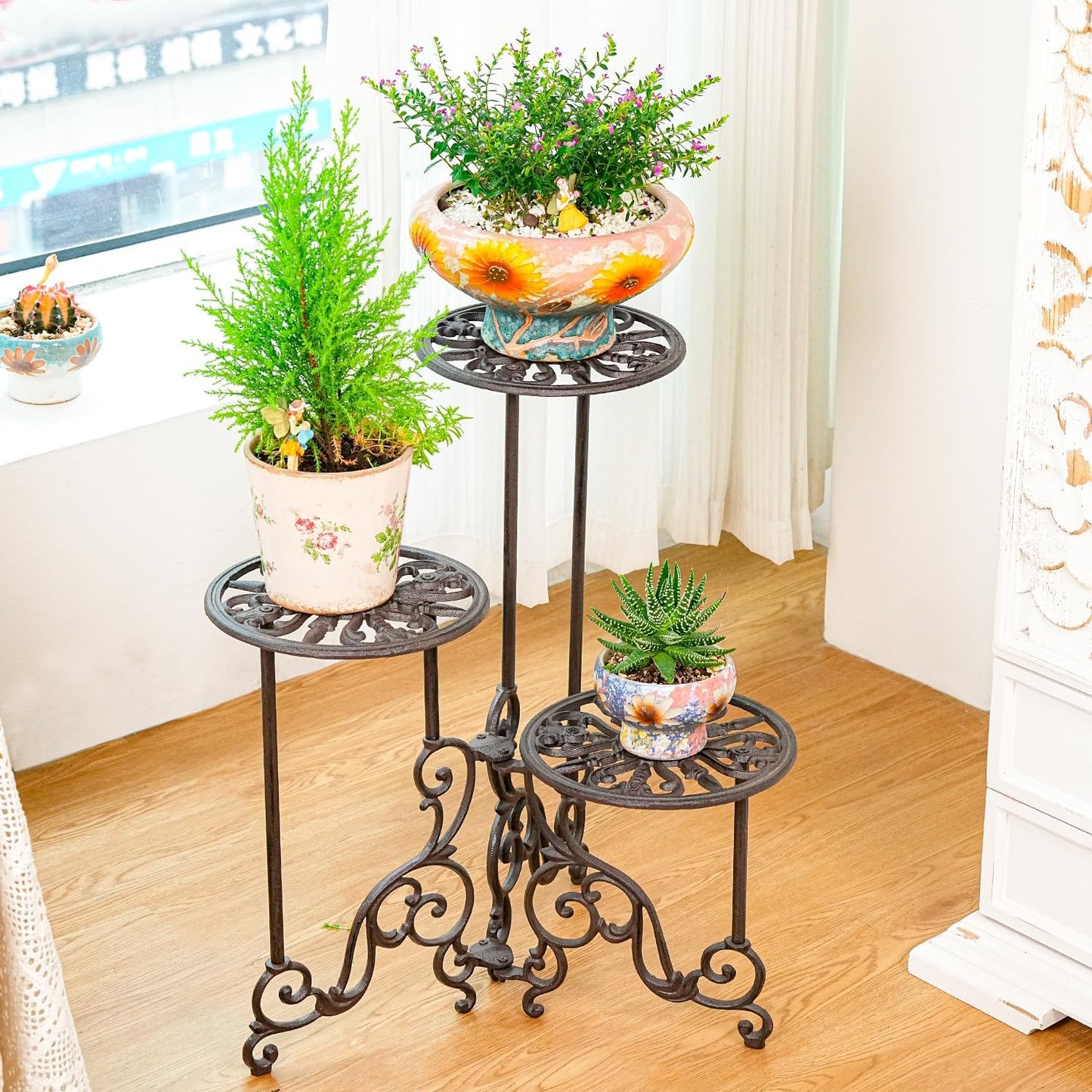 Sungmor Cast Iron Plant stand, 24 Inches Tall 3 Tier Foldable Design | Heavy Duty Rustic Metal Holder for Indoor Corner