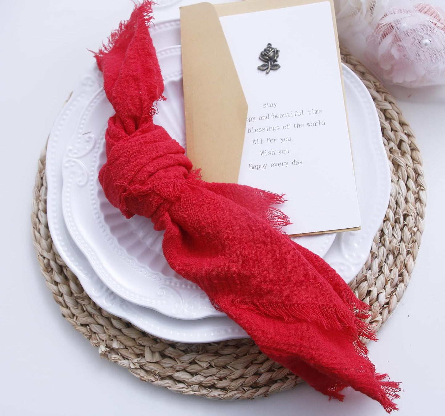 Fall Cloth Napkins with Fringe, Cotton Gauze Napkins Set of 12, Red | Boho Rustic Dinner Napkins, 16 x 16 Inch Washable
