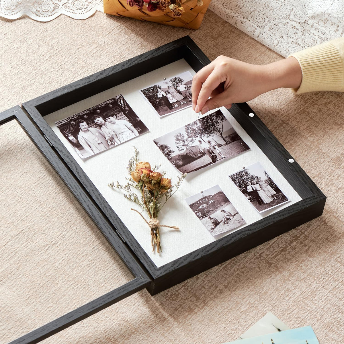 11x14 Black Deep Shadow Box Picture Frame with HD Clear Glass | Shadow Box Display Case with Stand,Push Pins,and Linen