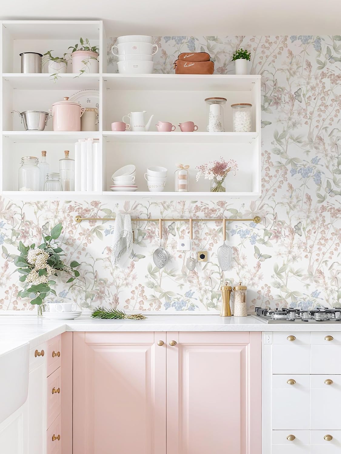 Floral Wallpaper Pink Peel and Stick Wallpaper White Boho Contact Paper / Flutter Pink / 17.3 x 197