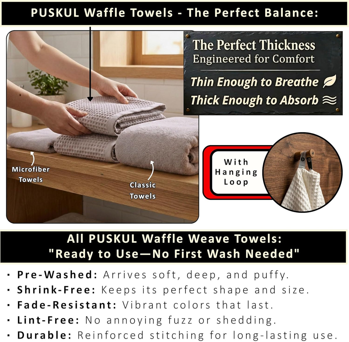 PÜSKÜL Natural 100% Turkish Cotton Waffle Bath Towels Set of 2, Extra-Large | Light Gray, Oversize 32x63" Bath sheet