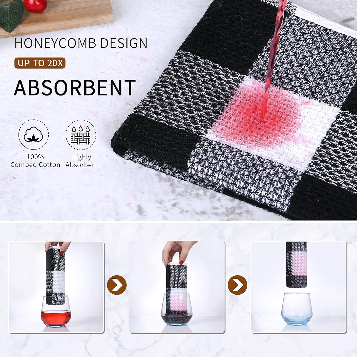 Mordimy Cotton Waffle Weave Dish Cloths, 12"x 12", 12 Pack, Black & White | Super Soft and Absorbent Quick Drying