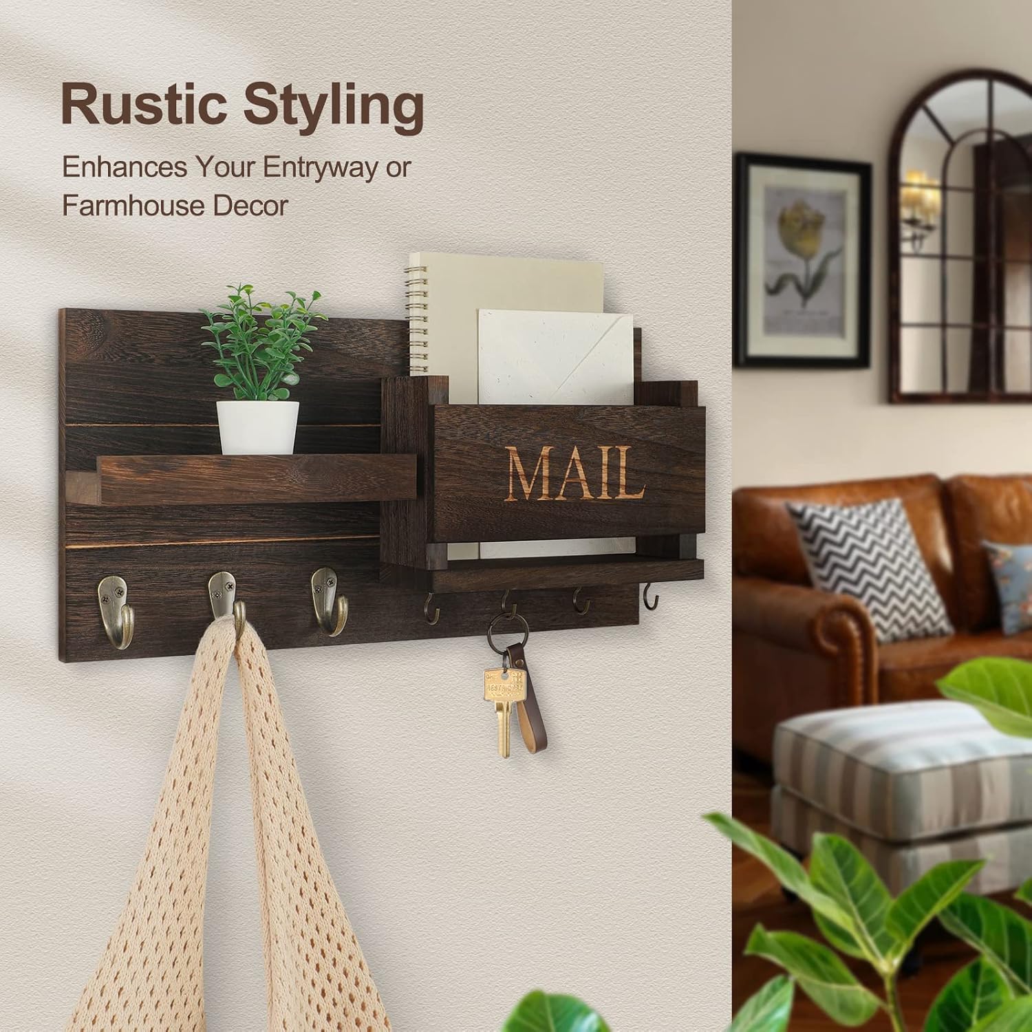 Shelf Includes Letter Holder and Hooks for Hallway Farmhouse / Brown