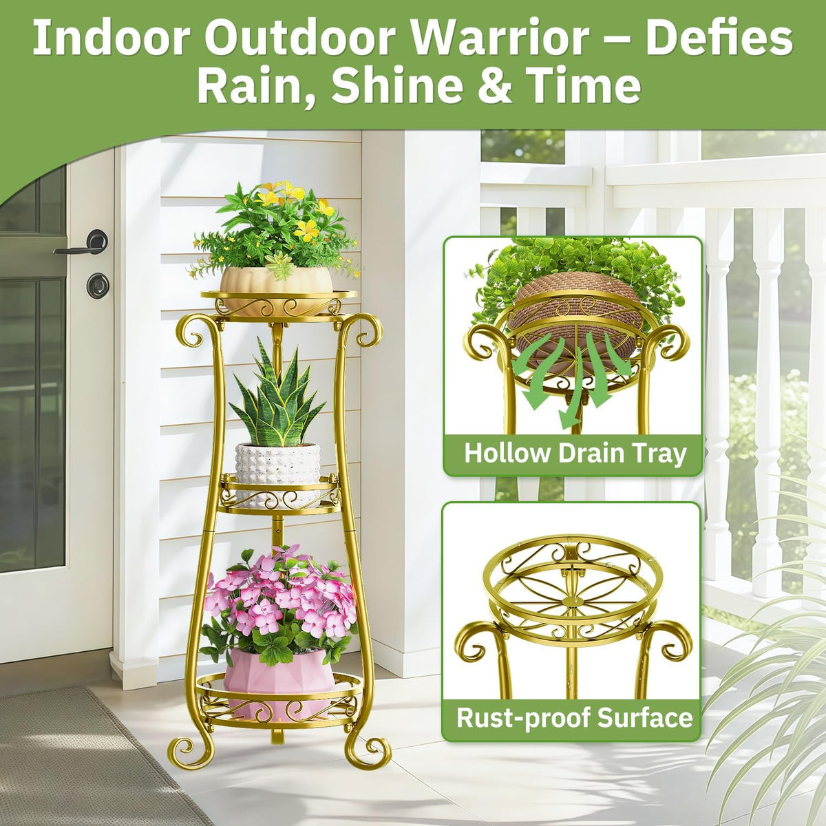 KMOTASUO 3 Tier Metal Plant Stand Tall for Indoor Outdoor Corner, Gold | Heavy Duty Flower Holder Rack, Modern Vertical