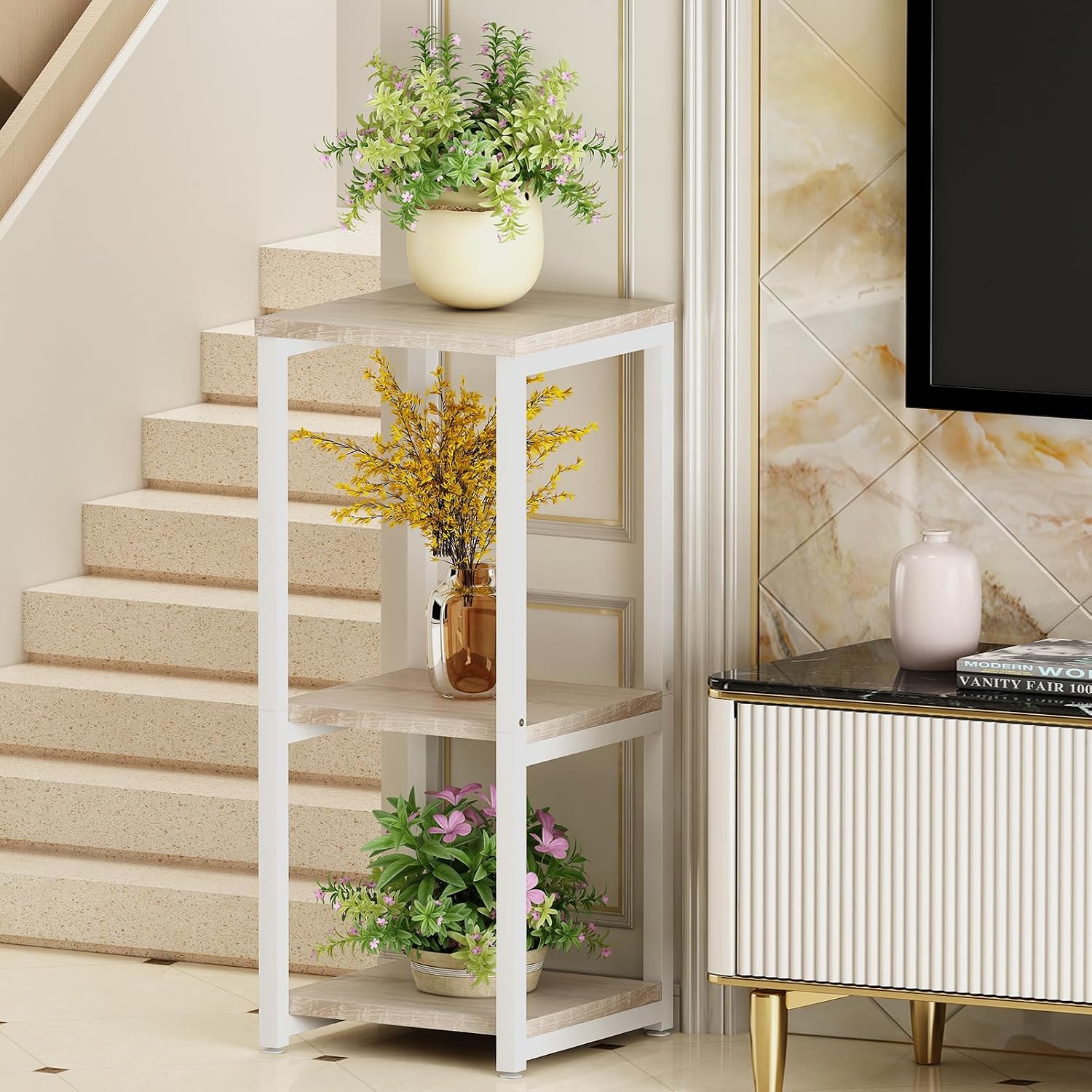3 Tier Plant Stand Indoor Corner Tall Square Shape Plant Shelf | Modern Metal MDF board Flower Storage,Suitable tight
