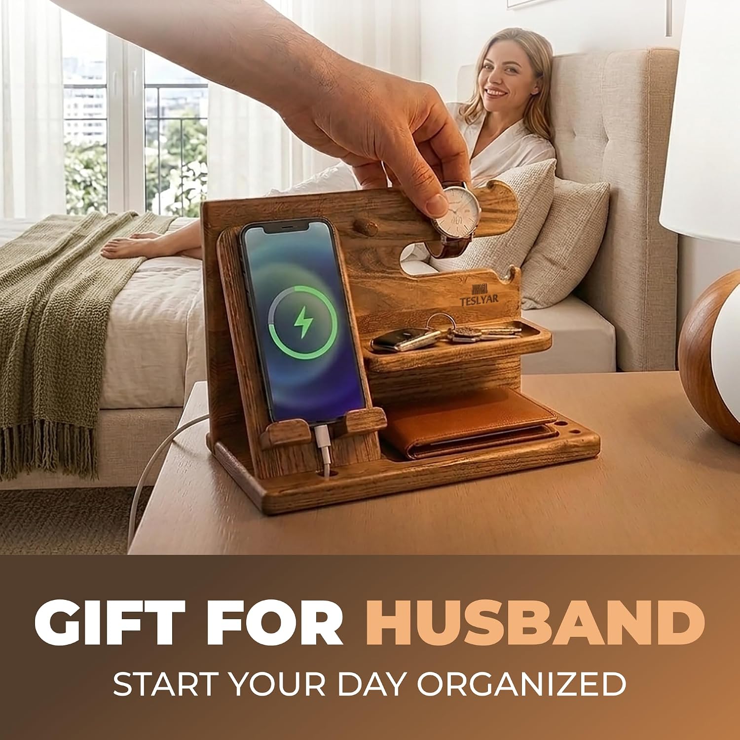 TESLYAR Wood Phone Docking Station for Men - Desk or Nightstand Organizer - Birthday Gifts for Husband or Dad