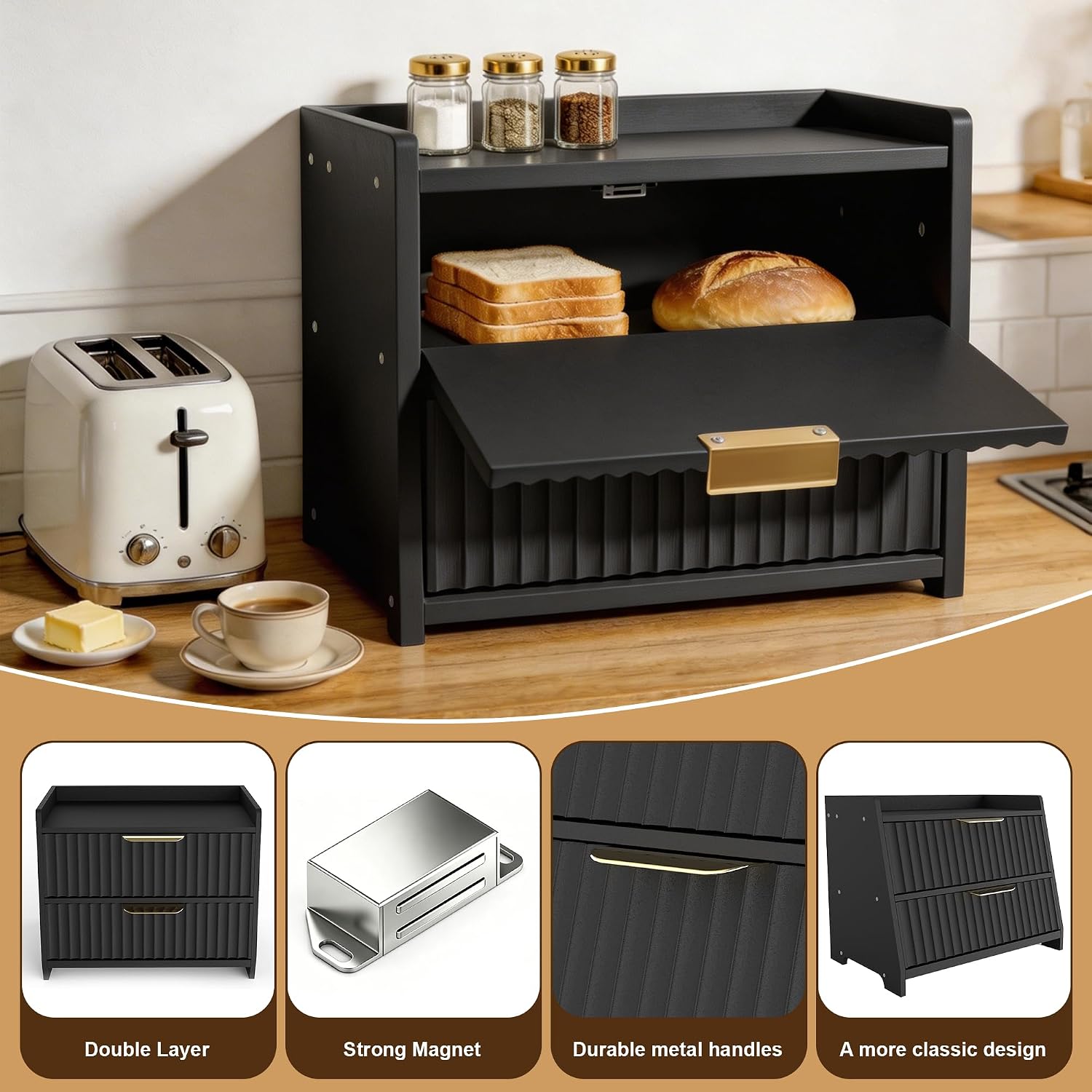 Large Bread Box for Kitchen Counter, Double Layer Wooden Bread Storage Container with Top Shelf, Countertop Organizer