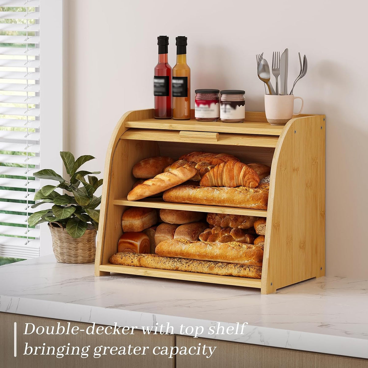 Kitsanery Bread Box for Kitchen Countertop, Bamboo Bread Storage, Double-Layer Roll-Top Bread Container, Farmhouse