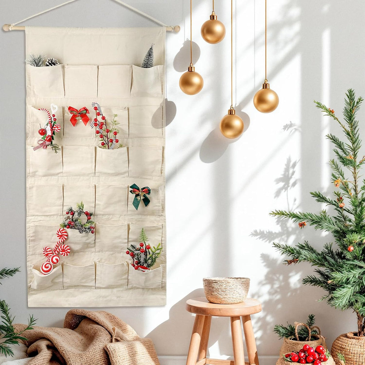 Fabric Christmas Advent Calendar with Pockets,Christmas Advent Calendar,Reusable Natural 24 Days Countdown Advent Calendar Hanging Storage Bag for Xmas Holiday Home Wall Decoration