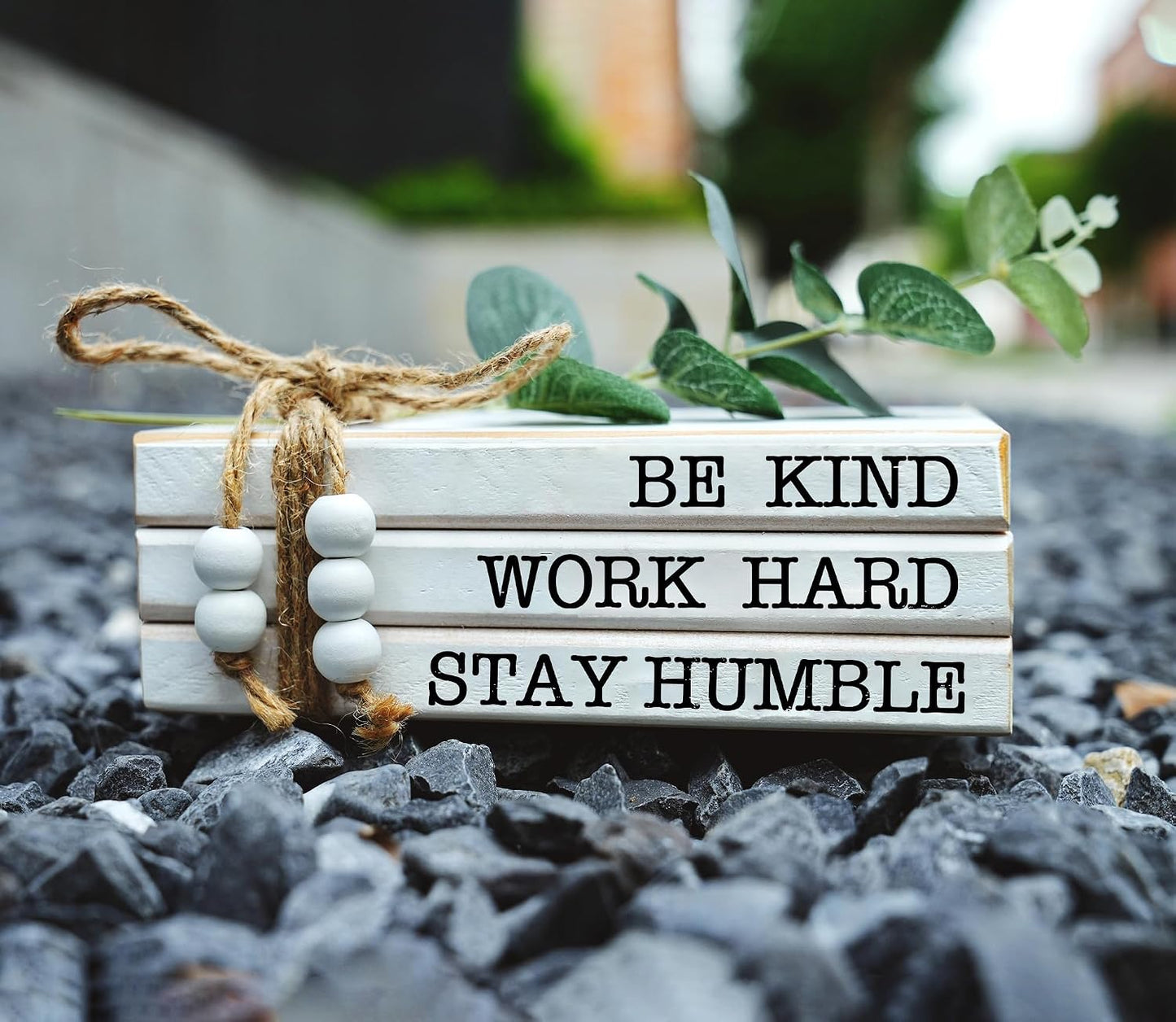 Wooden Decorative Books / Be Kind, Work Hard, Stay Humble / White / Set of 3